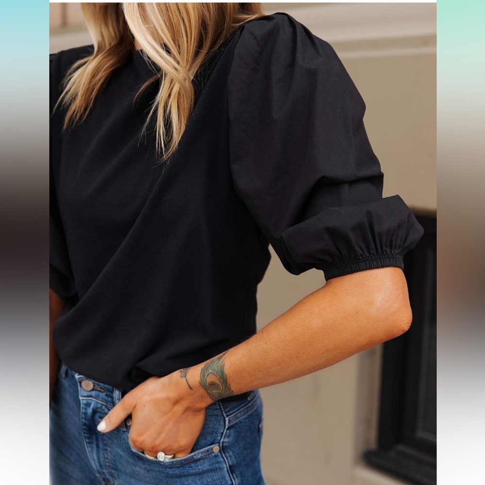 The Drop Women's Black Combined Fabric Pleated Puff-Sleeve Top sz S - Picture 5 of 9